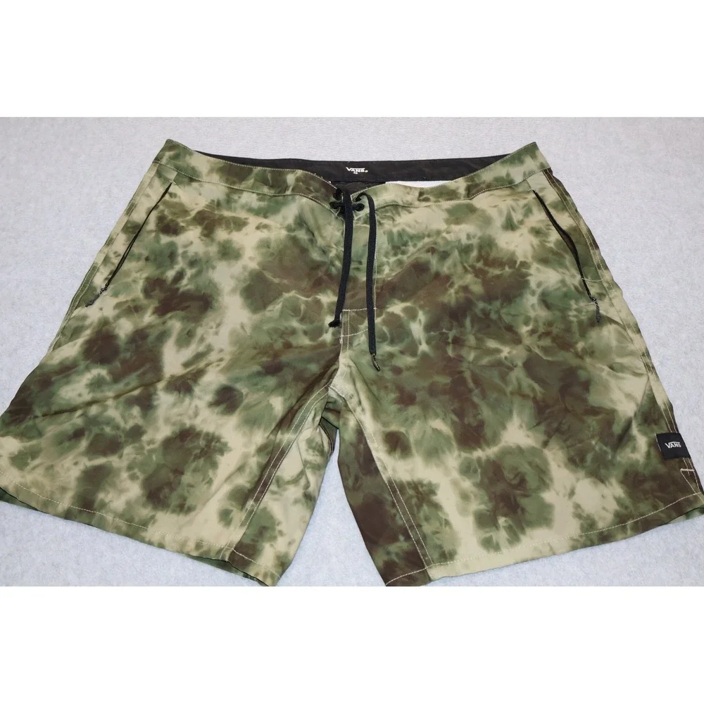 Vans Board Shorts Mens 38 Green Tie Dye Camo Zipper Pockets Surf Swim 9